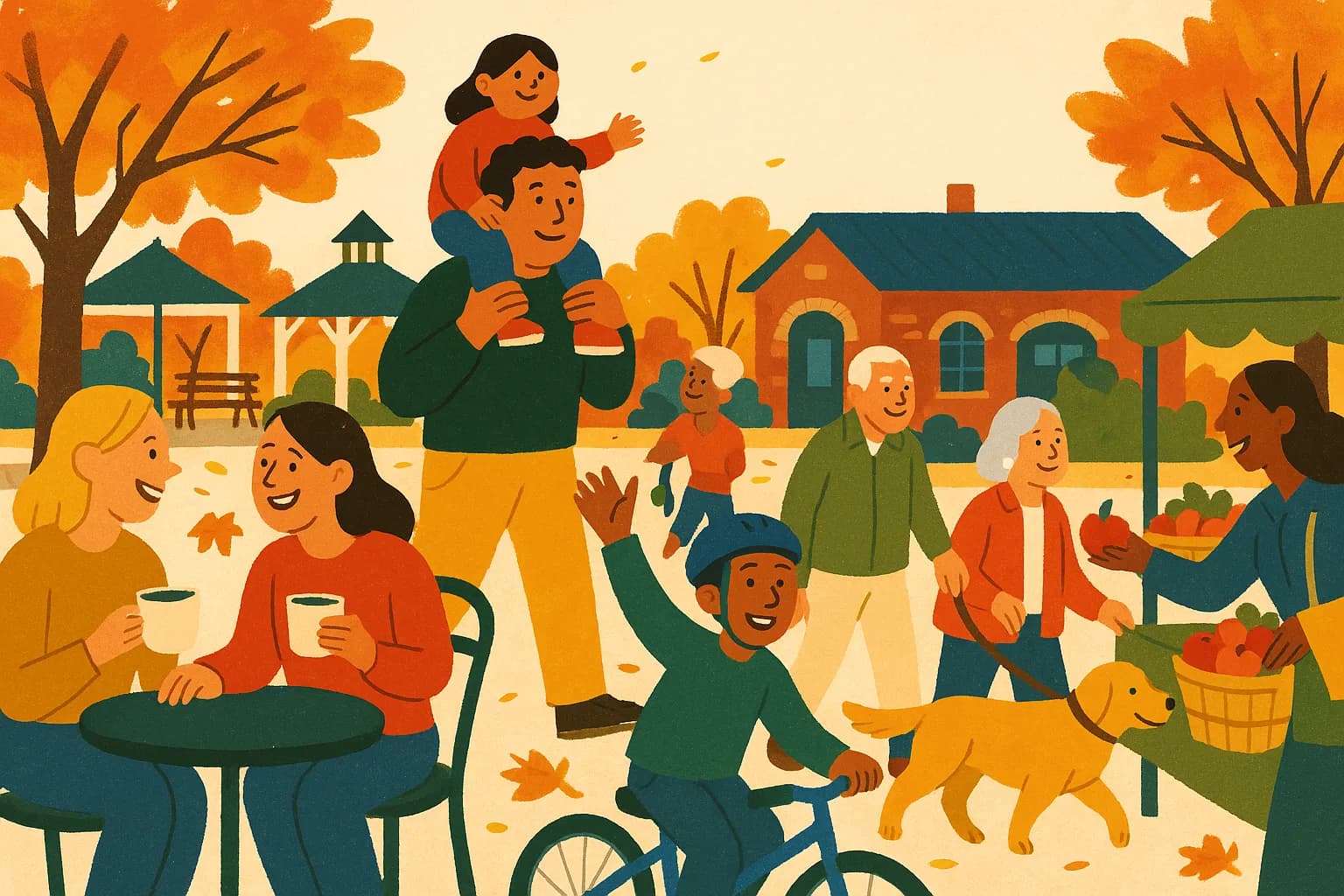 Neighbors of all ages meeting in a sunny small-town square